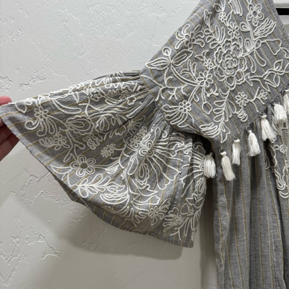 Anthropologie Maeve Tisdale Embroidered Tassel Midi Dress Women 6 Oversized Gray - Picture 8 of 16